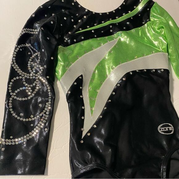 Ozone gymnastics green foil competition 3/4 sleeve custom leotard rhinestone YL - Picture 7 of 11